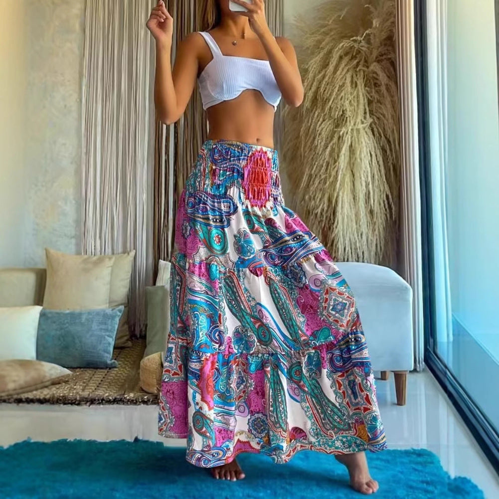 Women's maxi skirt with elastic smocked waistband and flowing paisley print Mune Fashion