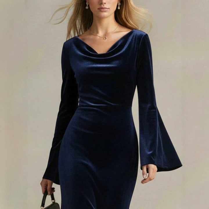 Women's Velvet Evening Dress with Waterfall Neckline, Fitted Silhouette and Flared Trumpet Sleeves Mune Fashion