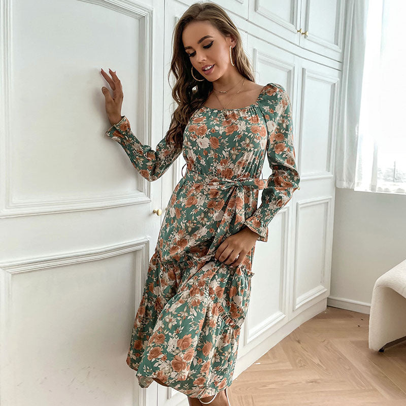 Ladies midi dress with square neckline, tiered skirt, puff sleeves, and waist belt Mune Fashion