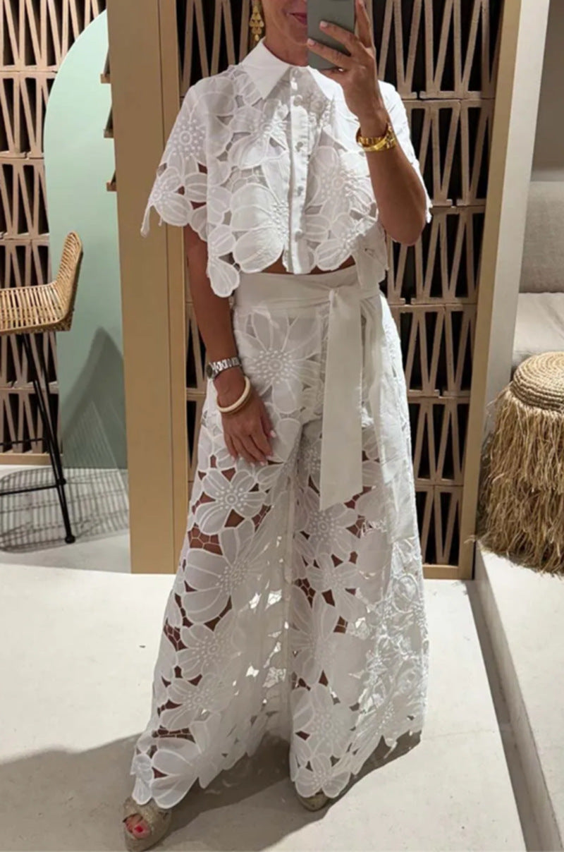 Ladies two-piece lace ensemble with crop top and wide palazzo pants Mune Fashion