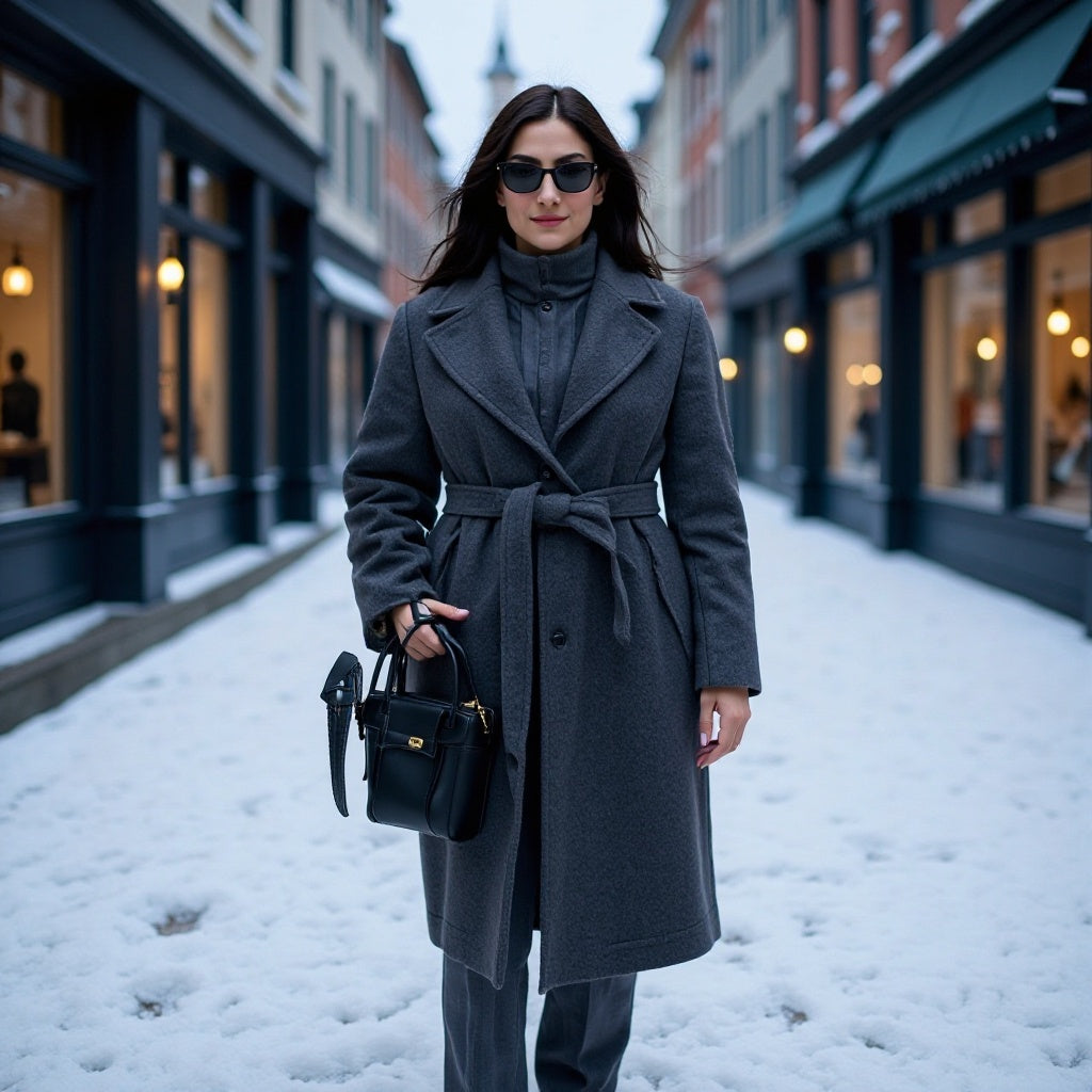 Women Tailored Wool Blend Coat with Tie Belt, Large Lapel and Warming Inner Flap Mune Fashion