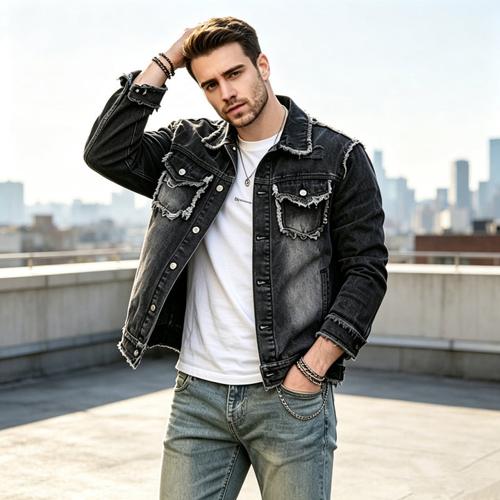 Men's Fashionable Denim Jacket with Fringes Mune Fashion