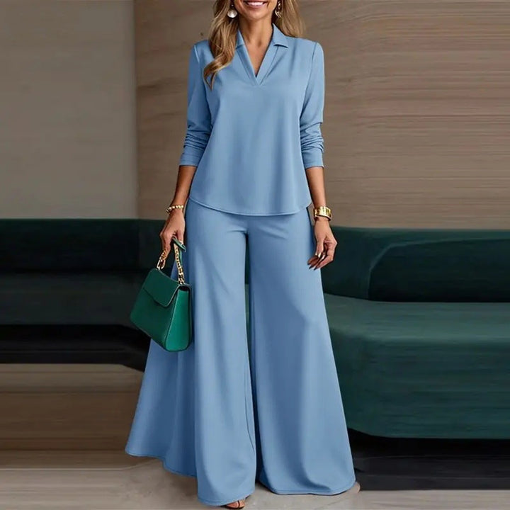 Ladies Elegant Two-Piece Palazzo Set with Shirt Collar Top and Wide Leg Mune Fashion