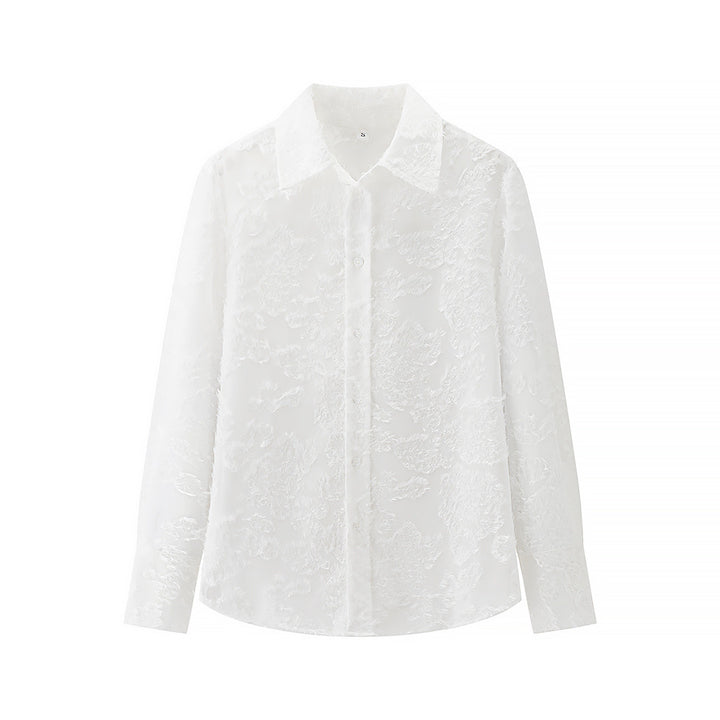 Women's sheer floral Jacquard blouse with shirt collar and full button placket Mune Fashion