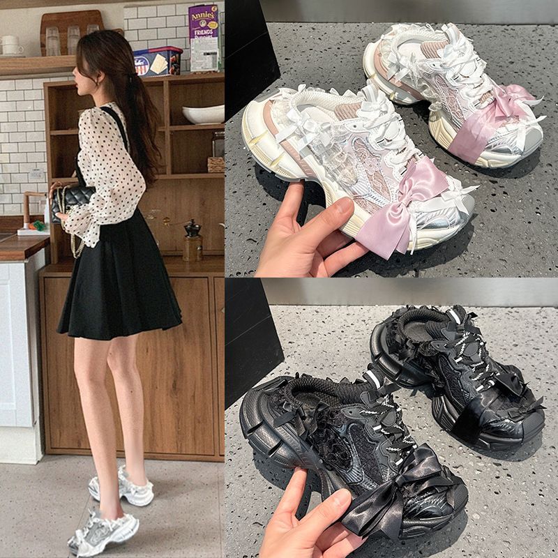 Damen Chunky-Sneaker-Mule mit Satin‑Schleife und Spitzenapplikation Mune Fashion