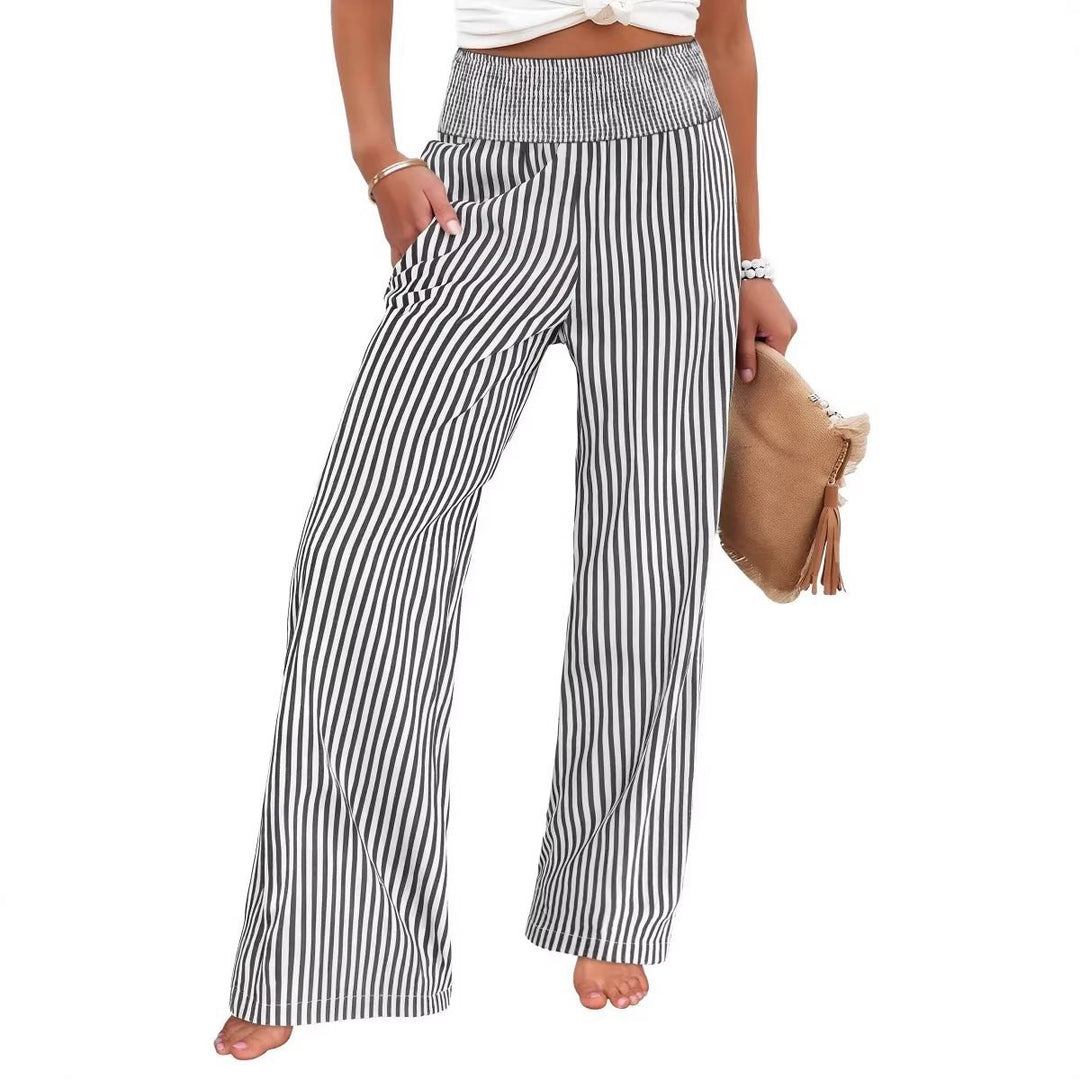 Women's Striped Palazzo Pants with High Ruffled Waist and Wide Leg Mune Fashion