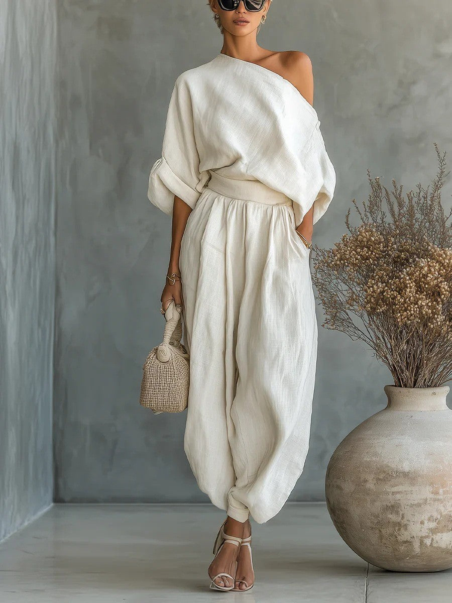 Women's Linen Set with One-Shoulder Top and Loose Harem Pants Mune Fashion