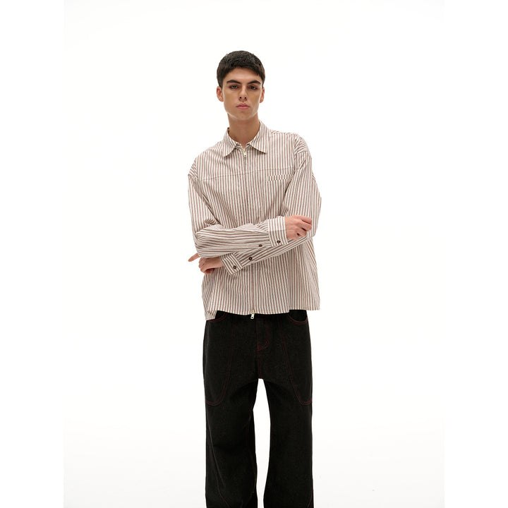 Unisex Lightweight Striped Shirt Jacket with Continuous Zipper and Chest Piped Pocket Mune Fashion