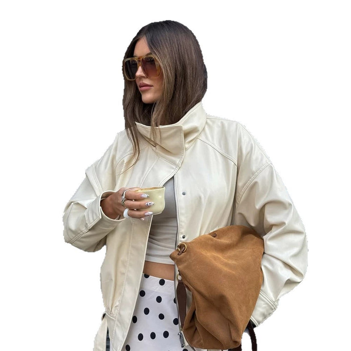 Women Oversized Faux Leather Jacket with High Stand-Up Collar and Drawstring Mune Fashion