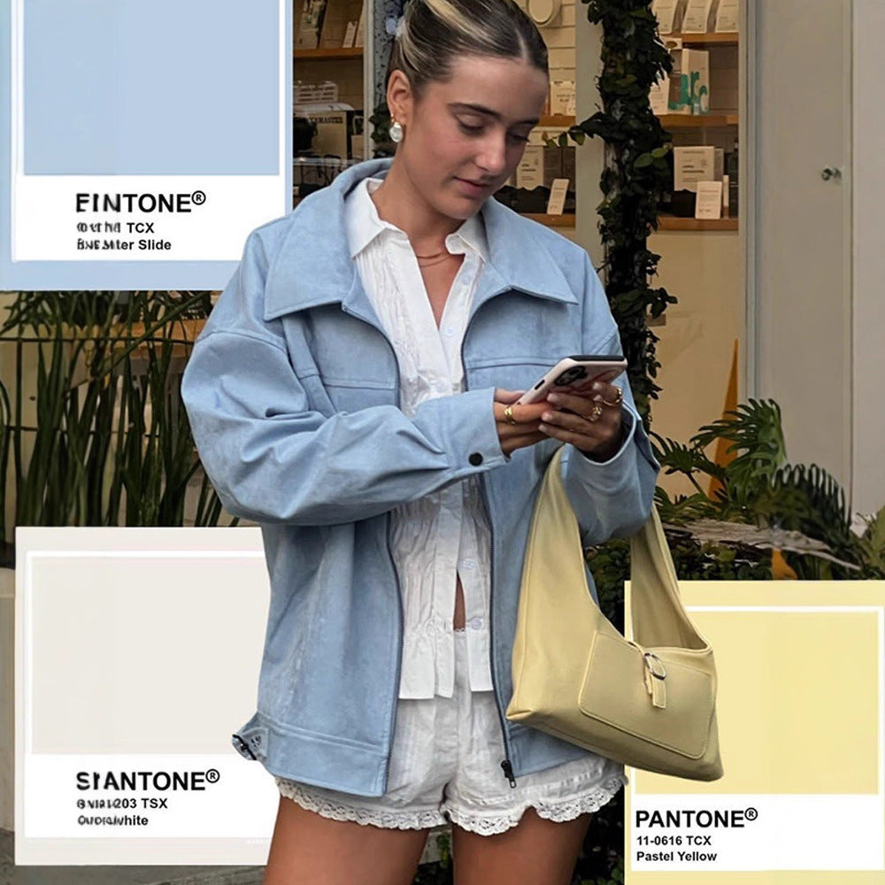Women's Lightweight Suede-Look Blouson with Shirt Collar, Full Zipper and Boxy Silhouette Mune Fashion