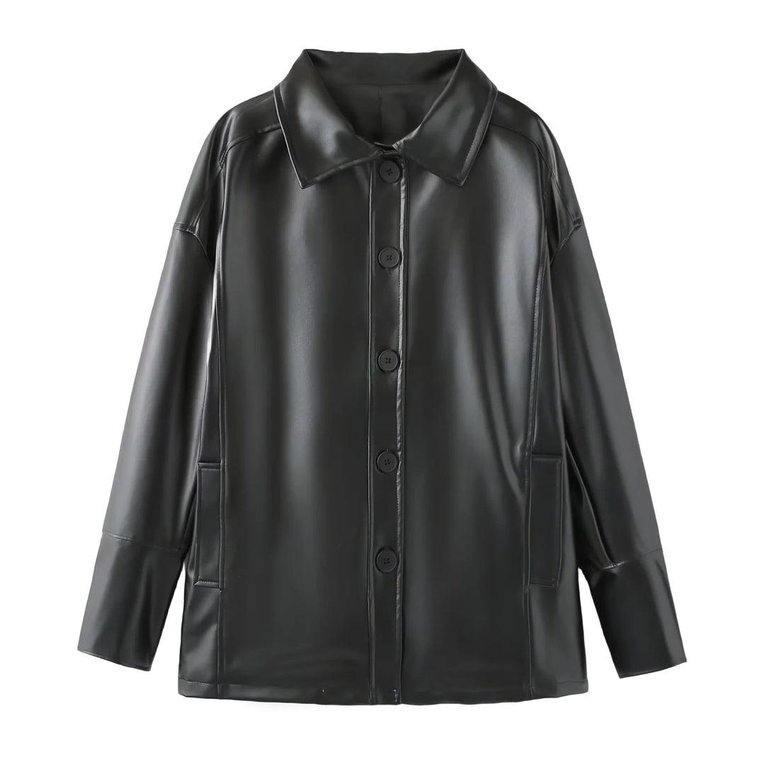 Women's oversized faux leather shirt jacket with shirt collar, full button placket, and patch pockets Mune Fashion