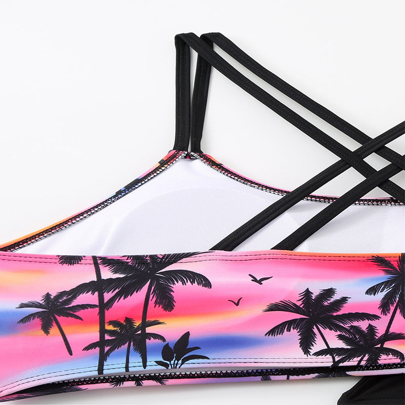 Women's Sporty Swim Set with Fashionable Cut-Out and Tropical Motif Mune Fashion