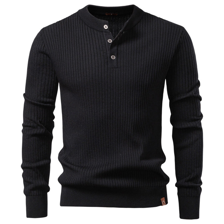 Men's ribbed long-sleeve henley pullover with stand-up collar, fine rib knit and slim fit Mune Fashion