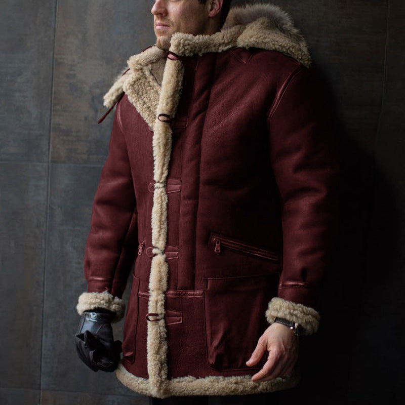 Men's Sheepskin Coat with Hood and Practical Pockets Mune