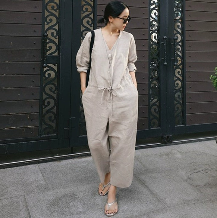 Women's Linen Jumpsuit with V-Neck and Tie Belt Mune Fashion