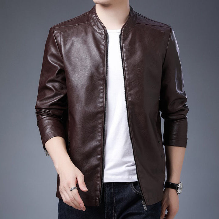 Men's Slim Fit Faux Leather Blouson with Stand Collar and Concealed Zipper Mune Fashion