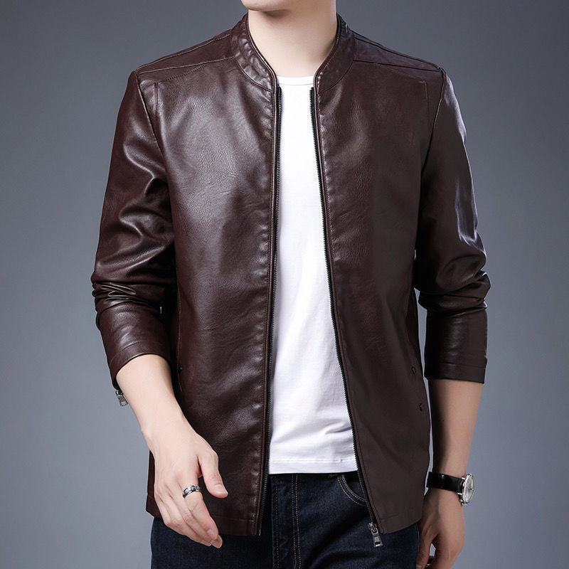 Men's slim-fit faux leather flight jacket with stand-up collar and zipper closure Mune Fashion