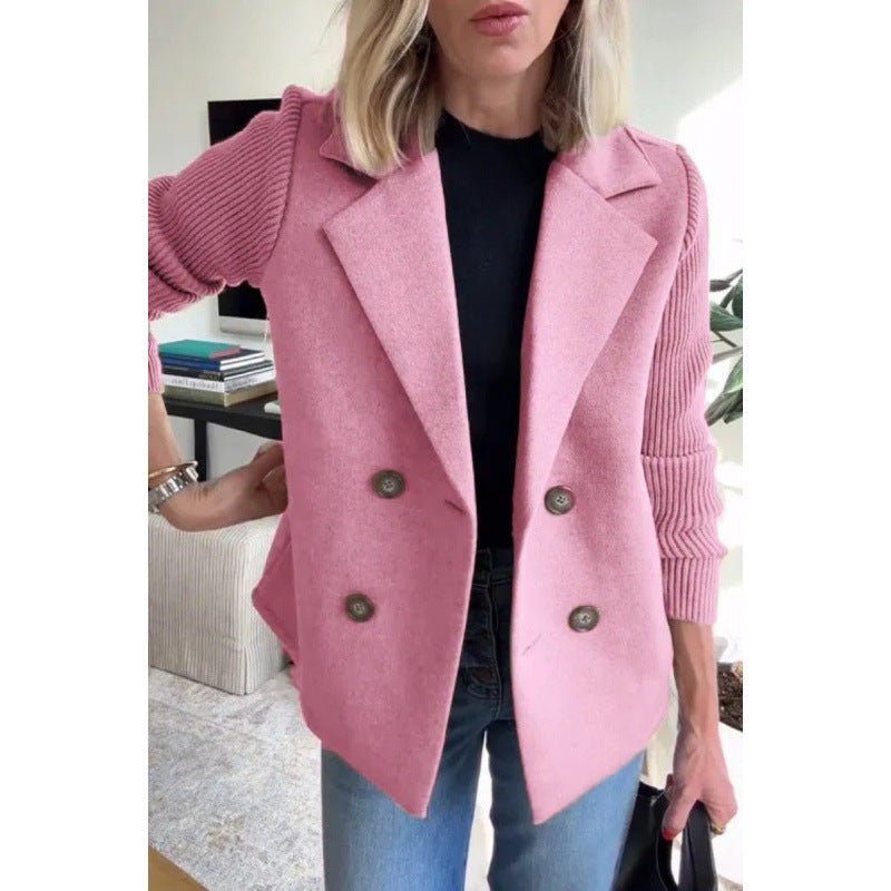 Women's Double-breasted Blazer Vest with Wide Lapels and Ribbed Knit Sleeves Mune Fashion