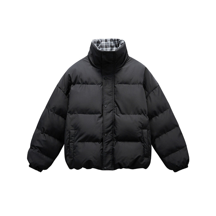 Unisex short boxy padded insulation jacket with extra high stand-up collar and checked lining Mune Fashion
