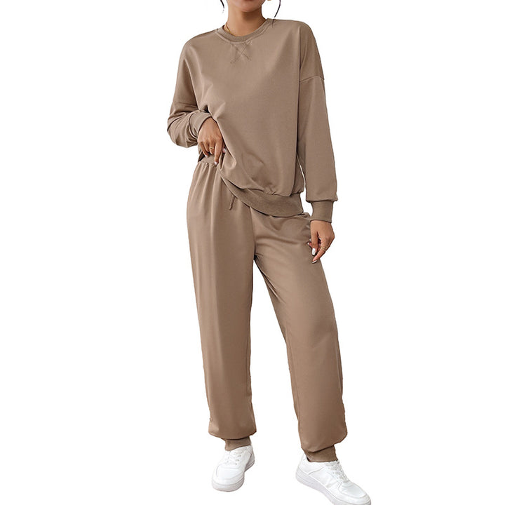 Women Casual Sweat Set with Oversized Crew Neck and High Waist Pants with Button Cuff Mune Fashion