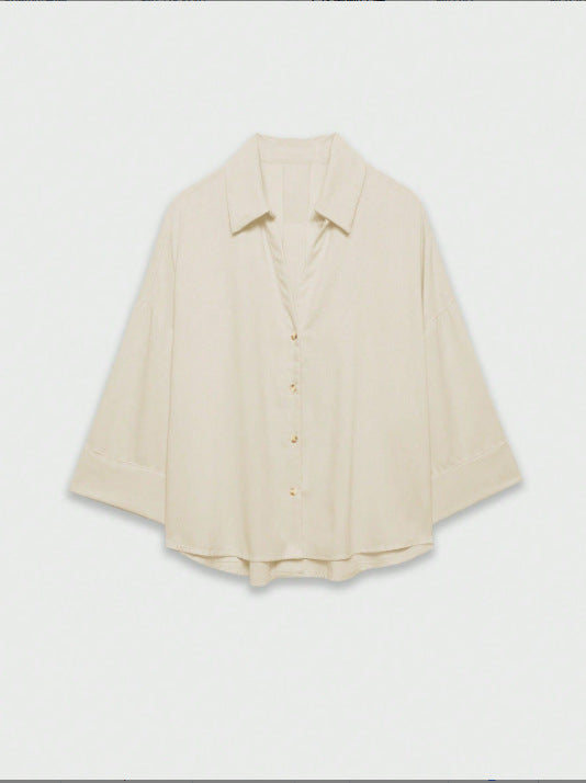 Women's Lightweight Oversized Linen Look Blouse with Three-Quarter Sleeves and Full Button Placket Mune Fashion