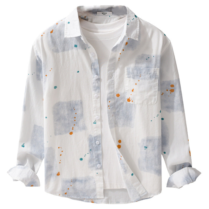 Men's Lightweight Cotton Shirt Relaxed-Fit with Artistic Speckle and Watercolor Patch Print Mune Fashion