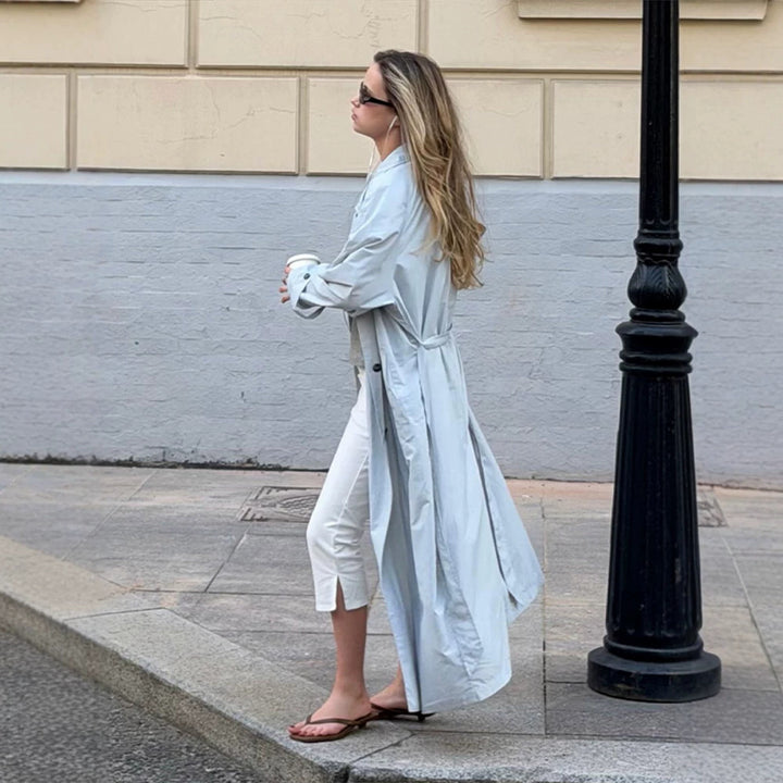 Women's Lightweight Long Trench Coat Made from Technical Material with Concealed Button Placket and Loose Fit Mune Fashion