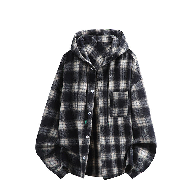 Unisex oversized flannel hooded shirt jacket with check pattern and chest pocket Mune Fashion