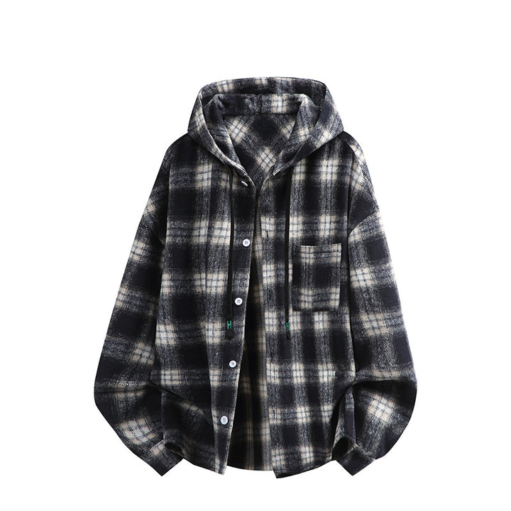 Unisex oversized flannel hooded shirt jacket with check pattern and chest pocket Mune Fashion