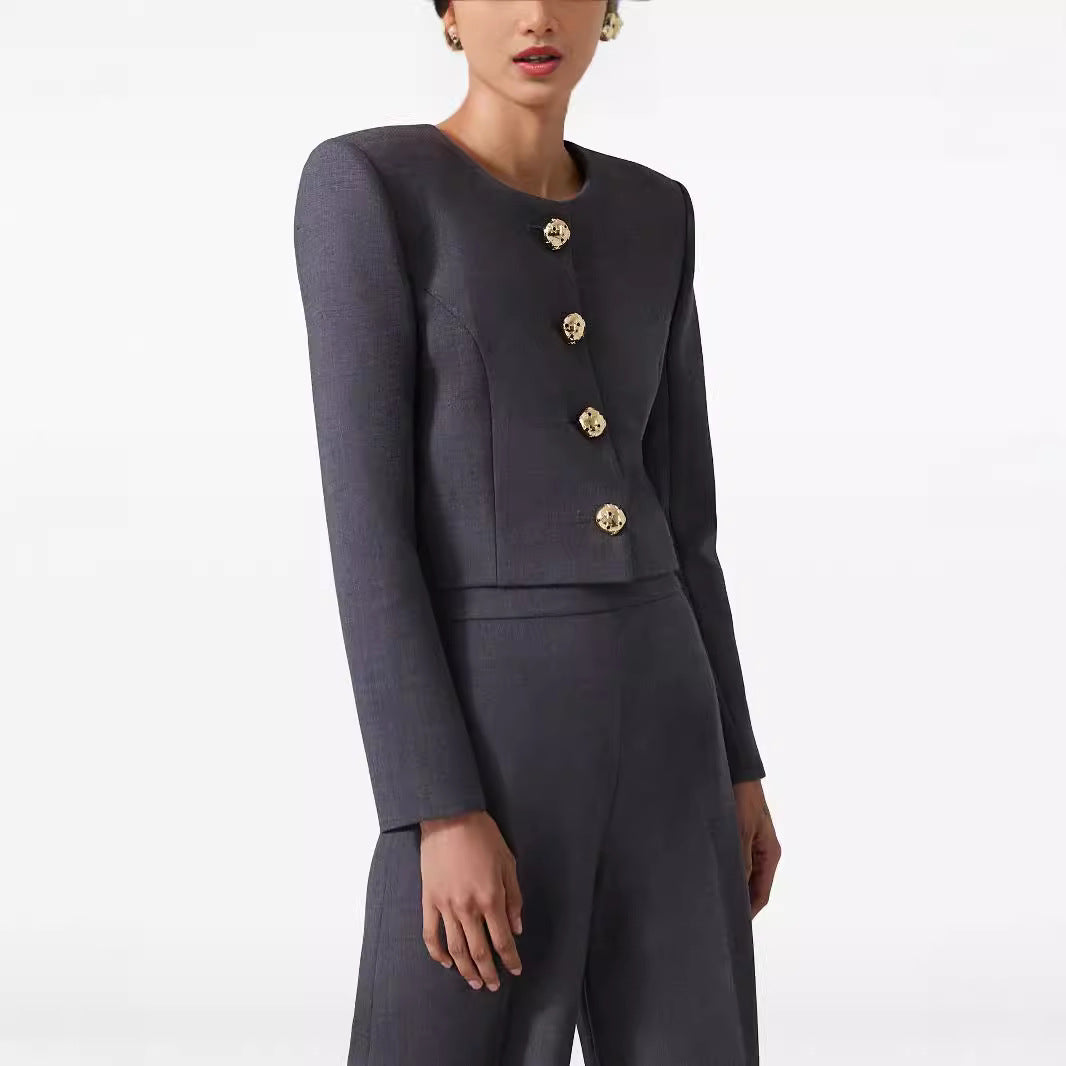 Women's Two-Piece Tailoring Suit Short Blazer with Distinctive Shoulder and High-Waisted Palazzo Pants Mune Fashion
