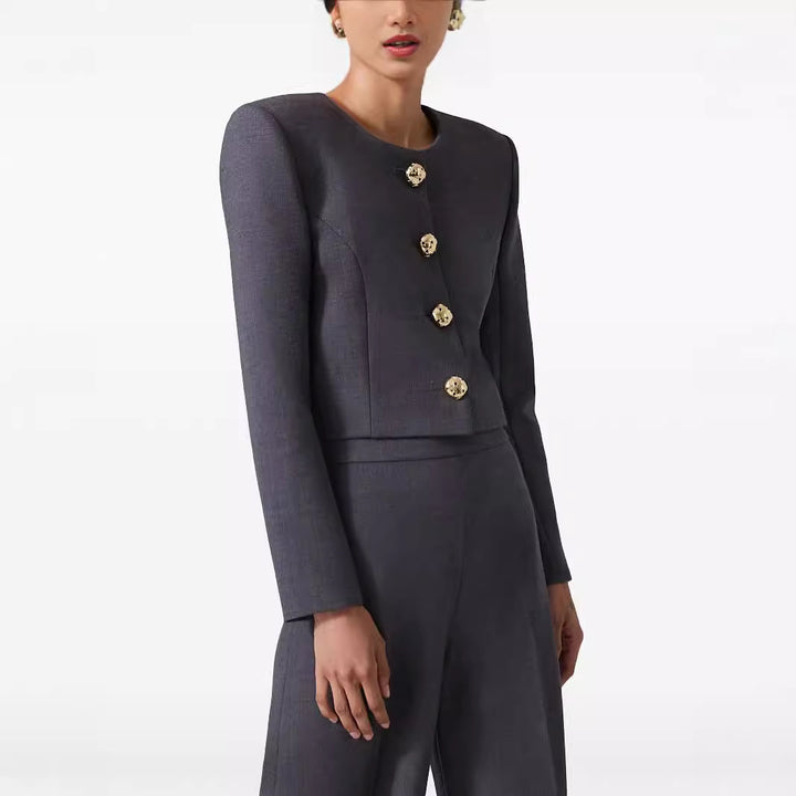 Women's Two-Piece Tailoring Suit Short Blazer with Distinctive Shoulder and High-Waisted Palazzo Pants Mune Fashion