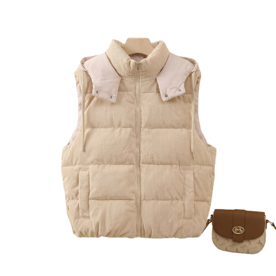 Ladies quilted cord vest with high shawl collar, padded insulation and detachable hood trim Mune Fashion