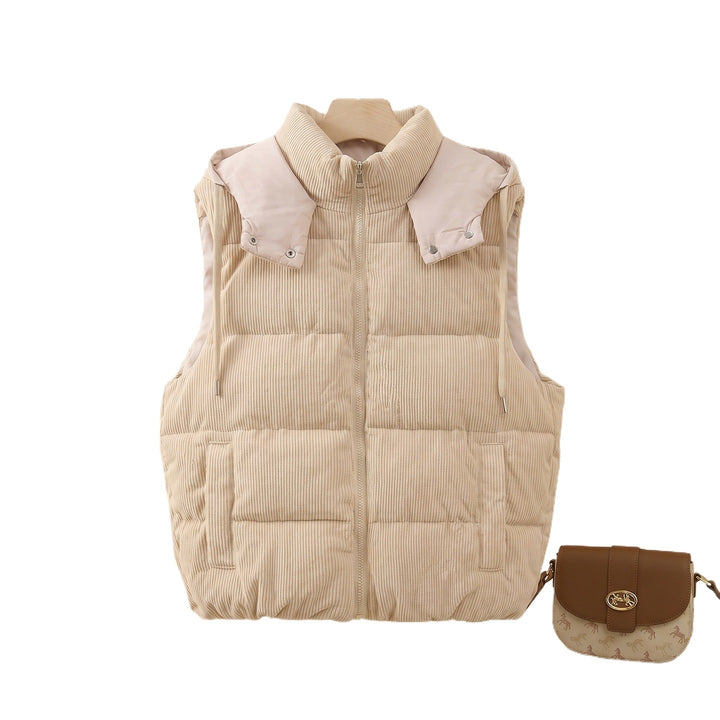 Ladies quilted cord vest with high shawl collar, padded insulation and detachable hood trim Mune Fashion