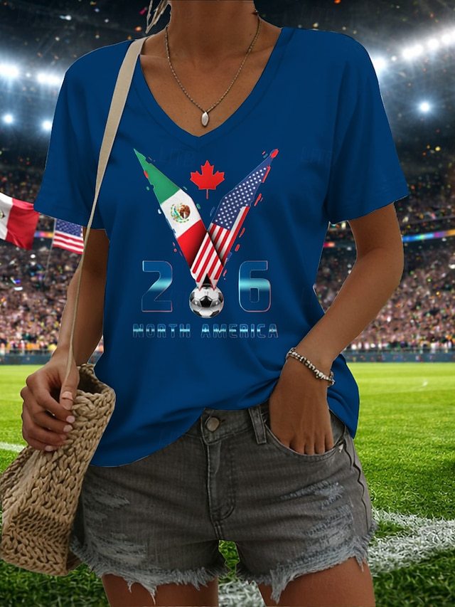 Women’s V-neck Retro Print T-shirt with Eagle Emblem and vintage-inspired Graphic Mune Fashion