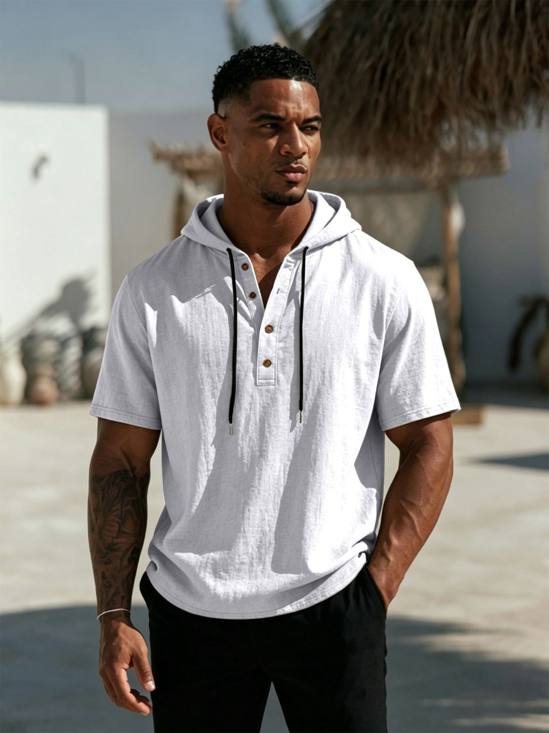 Men's Short Sleeve Hoodie Henley in Linen Look with Button Placket Mune Fashion