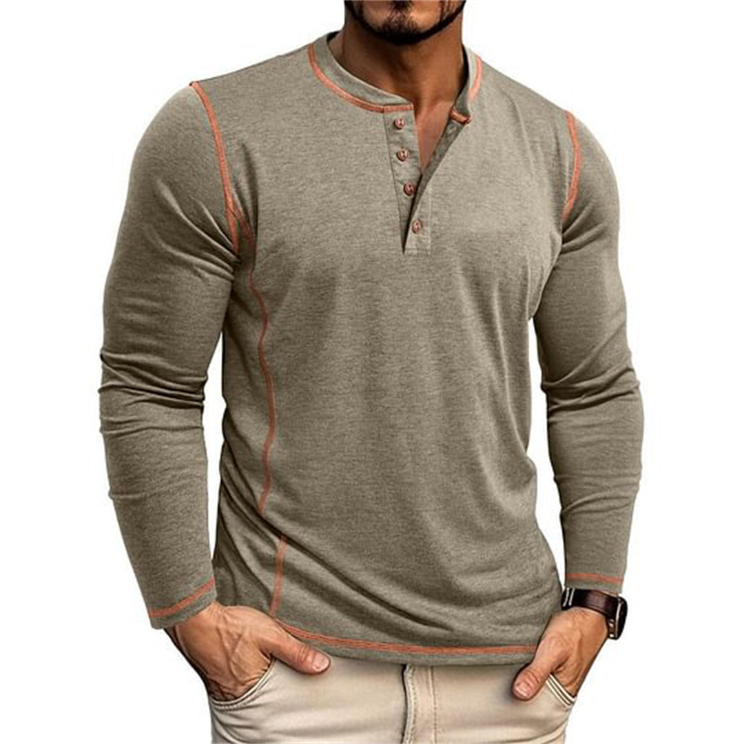 Men's Elastic Long Sleeve Henley Shirt with Contrast Stitching and Button Placket EB