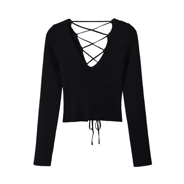 Women's Cropped Fine Knit Top with Deep V-Neck, Decorative Lacing Front and Drawstring Hem