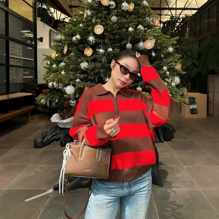 Women Oversize Rugby Knitted Sweater with Polo Collar & Wide Block Stripes Mune Fashion