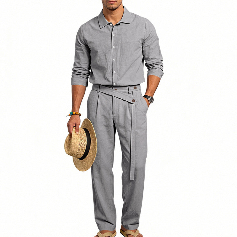 Men's elegant linen two-piece set with shirt and high-waisted pants with tie belt Mune Fashion