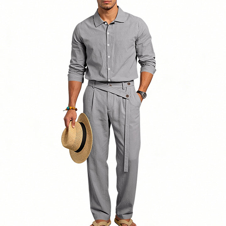 Men's elegant linen two-piece set with shirt and high-waisted pants with tie belt Mune Fashion