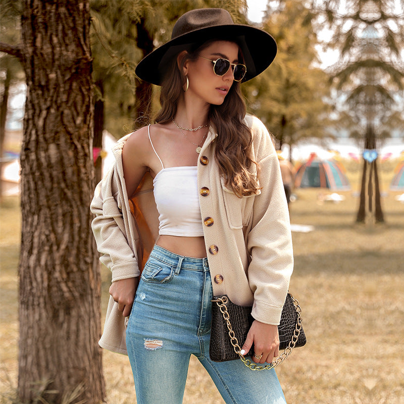 Women's Oversized Fleece Shirt Jacket with Patch Chest Pockets and Full Button Placket Mune Fashion