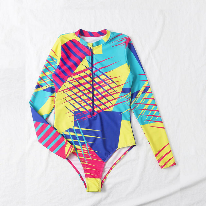 Women's Long-Sleeve One-Piece Swimsuit with Fashionable Geometric Design Mune Fashion