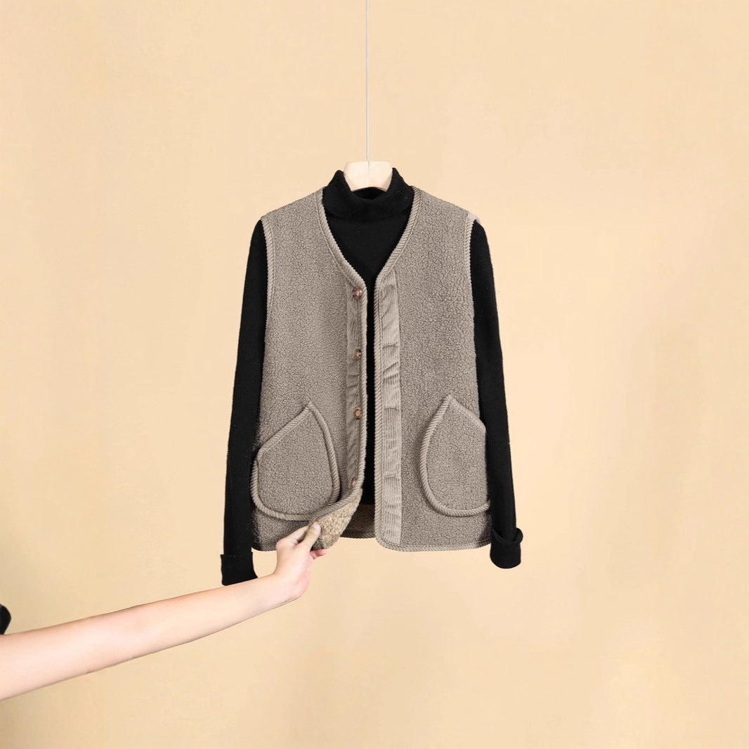 Women's Sleeveless Thermofleece Vest with Button Placket and Round Pockets Mune Fashion