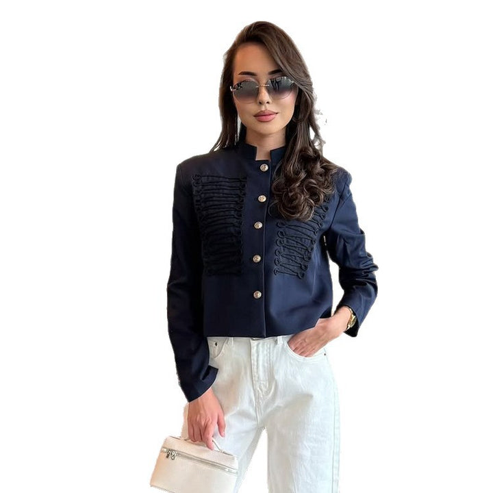 Women Short Cut Military Inspired Trim Jacket with Cord Applications and Decorative Buttons Mune Fashion