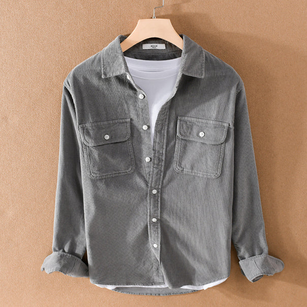Men's corduroy shirt jacket in worker style with patch double pockets and soft used finish Mune Fashion