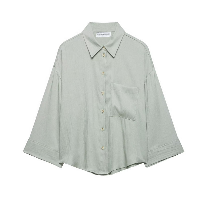 Women Oversized Shirt Blouse with Dropped Shoulders, Three-Quarter Sleeves and Chest Pocket Mune Fashion
