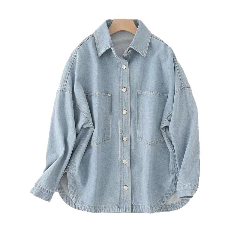 Women Oversized Jeans Shirt Jacket with Patch Pockets and Rounded Hem Mune Fashion