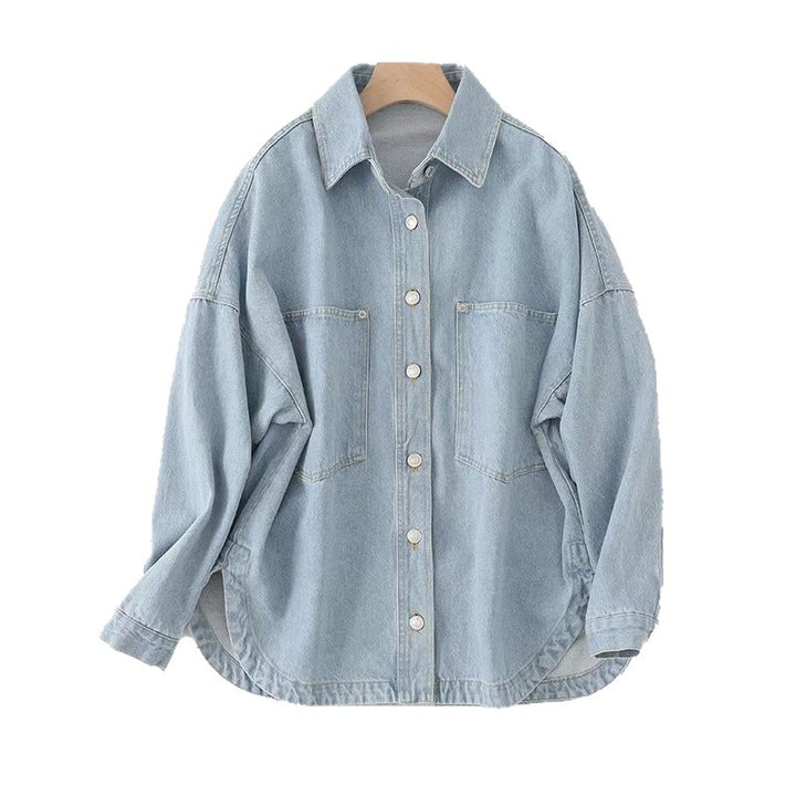 Women Oversized Jeans Shirt Jacket with Patch Pockets and Rounded Hem Mune Fashion