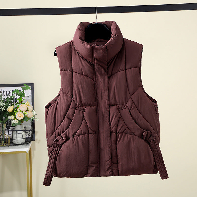 Women's Voluminous Sleeveless Down-Look Vest with Wide Stand-Up Collar and Side Gathered Straps Mune Fashion