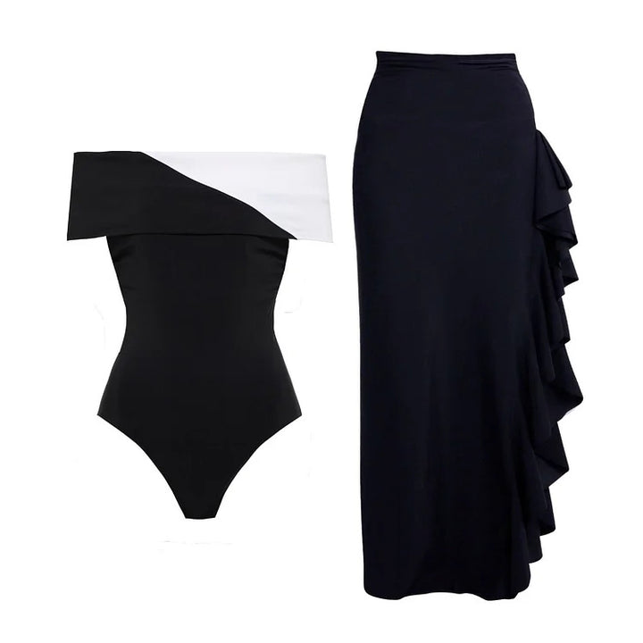 Women elegant one-piece with refined transparent stripe and voluminous maxi skirt Mune Fashion